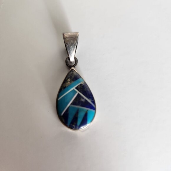 Sterling Silver Teardrop Pendant With Turquoise & Lapis Inlay Design By Navajo A - Picture 1 of 5